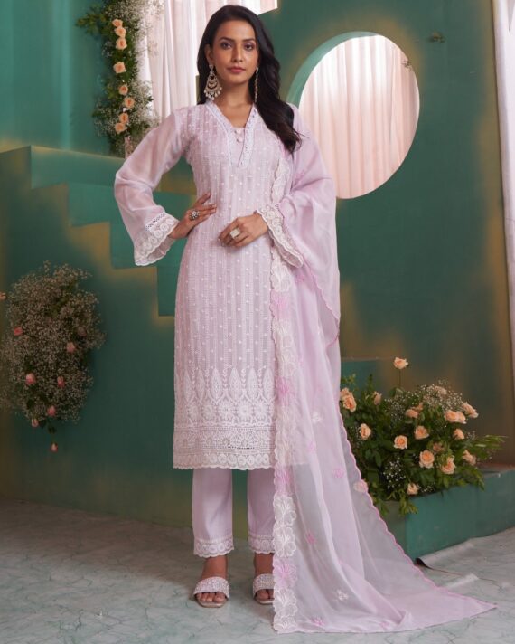 Beautiful Shifli Worked Organza With Cotton Lining Straight Kurti Set For Functions