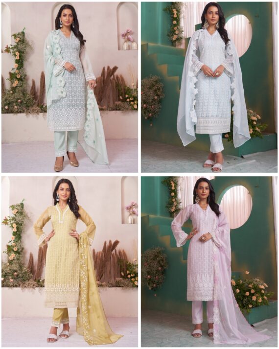 Beautiful Shifli Worked Organza With Cotton Lining Straight Kurti Set For Functions