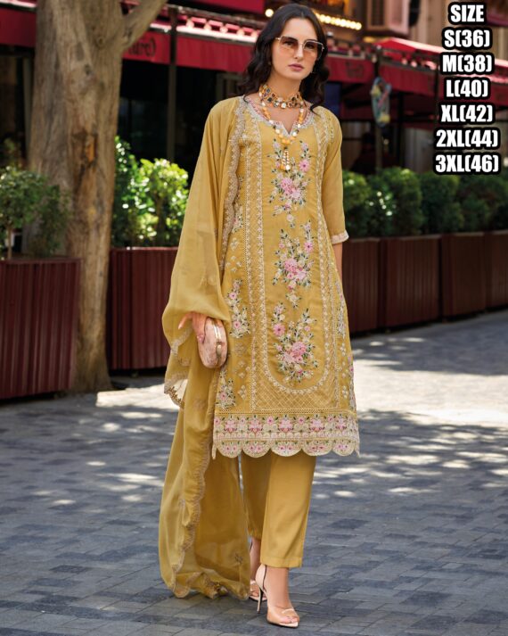 Ready To Wear Embroidery Worked Soft Organza Kurti With Dupatta And Heavy Silk Pant Set