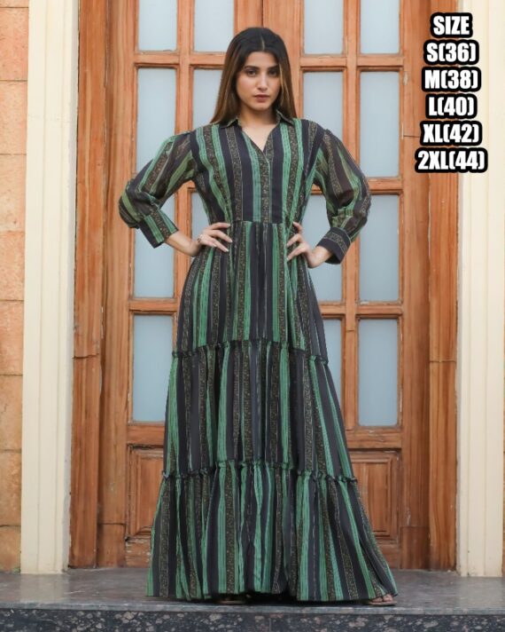 Ruffle Flair And It Is 3/4 Length Many Coloured Maxi Dress That Is Suitable For Casual Wear