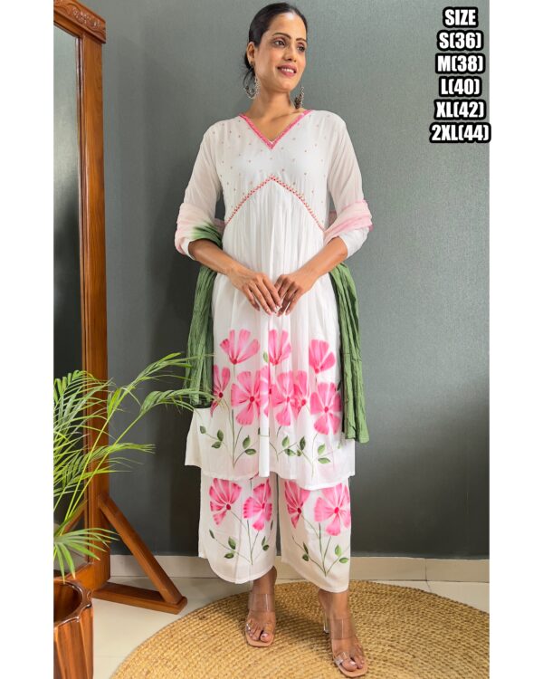 Pink Flower Designs White Cotton A-Line Kurti Set For Women (Kurti With Plazo & Dupatta)