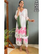 Pink Flower Designs White Cotton A-Line Kurti Set For Women (Kurti With Plazo & Dupatta)