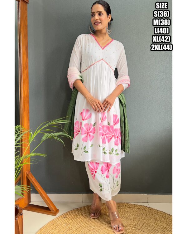 Pink Flower Designs White Cotton A-Line Kurti Set For Women (Kurti With Plazo & Dupatta)