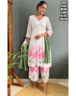 Pink Flower Designs White Cotton A-Line Kurti Set For Women (Kurti With Plazo & Dupatta)