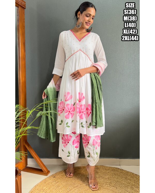 Pink Flower Designs White Cotton A-Line Kurti Set For Women (Kurti With Plazo & Dupatta)