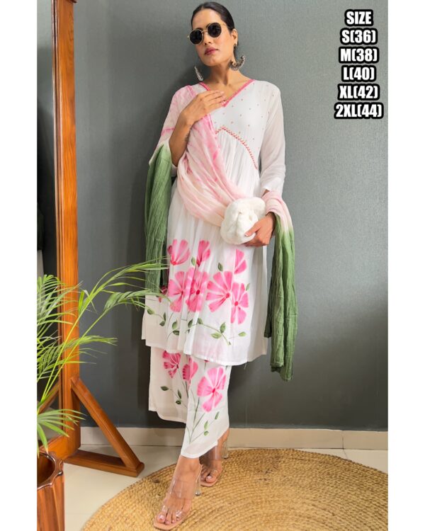 Pink Flower Designs White Cotton A-Line Kurti Set For Women (Kurti With Plazo & Dupatta)