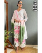 Pink Flower Designs White Cotton A-Line Kurti Set For Women (Kurti With Plazo & Dupatta)