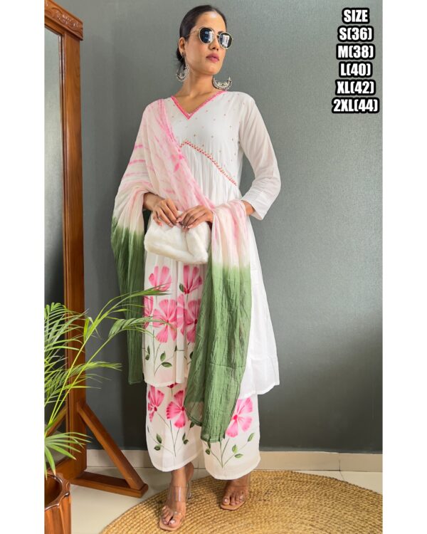 Pink Flower Designs White Cotton A-Line Kurti Set For Women (Kurti With Plazo & Dupatta)