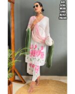 Pink Flower Designs White Cotton A-Line Kurti Set For Women (Kurti With Plazo & Dupatta)