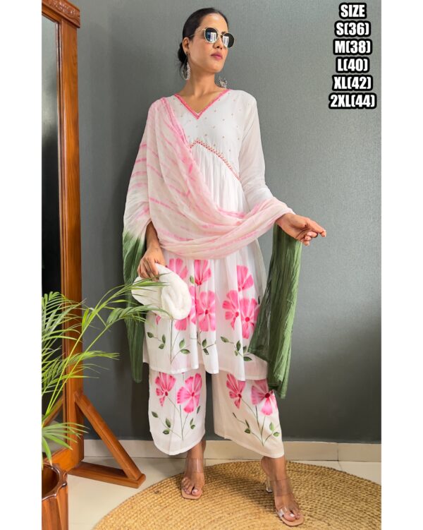 Pink Flower Designs White Cotton A-Line Kurti Set For Women (Kurti With Plazo & Dupatta)