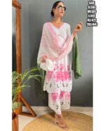 Pink Flower Designs White Cotton A-Line Kurti Set For Women (Kurti With Plazo & Dupatta)