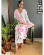 Pink Flower Designs White Cotton A-Line Kurti Set For Women (Kurti With Plazo & Dupatta)