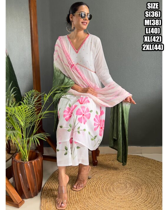 Pink Flower Designs White Cotton A-Line Kurti Set For Women (Kurti With Plazo & Dupatta)
