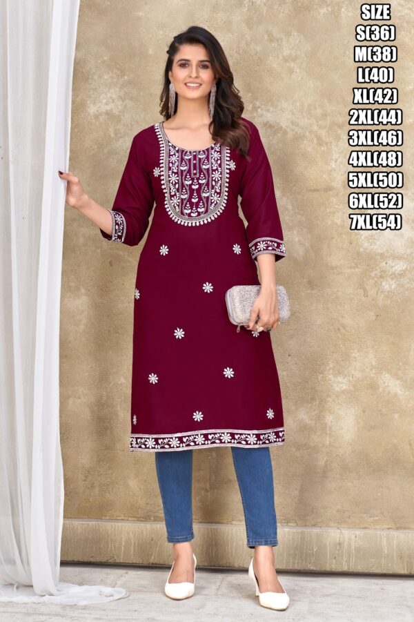 White Cotton Embroidery With Sequence And Zari Worked Rayon Only Kurtis In Various Different Colours