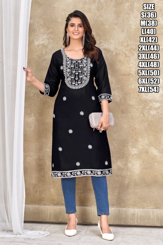White Cotton Embroidery With Sequence And Zari Worked Rayon Only Kurtis In Various Different Colours