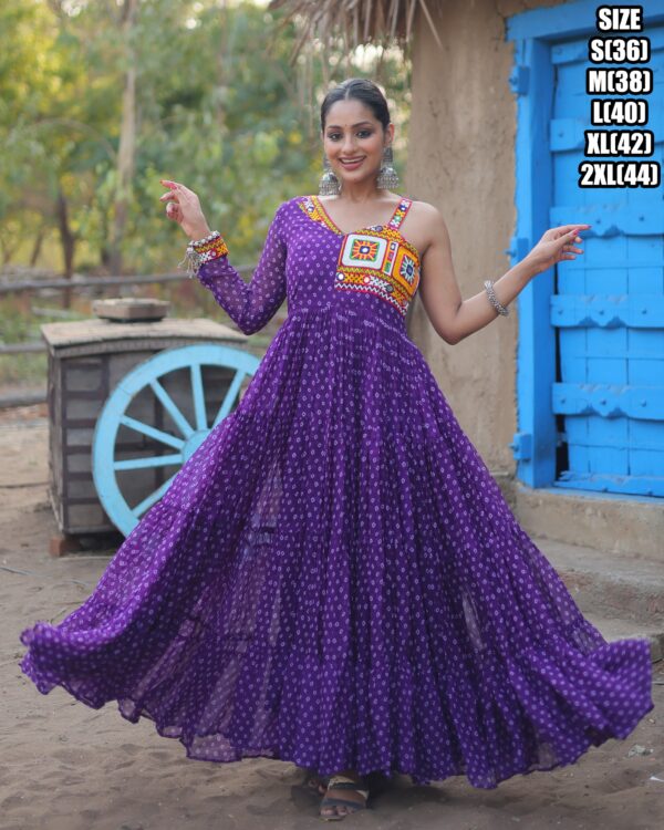 Bandhani Print Work With Kutchi Patchwork Faux Georgette Navratri Gown Collections 2024