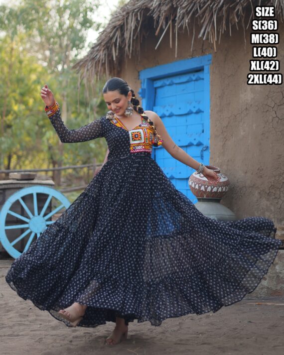 Bandhani Print Work With Kutchi Patchwork Faux Georgette Navratri Gown Collections 2024