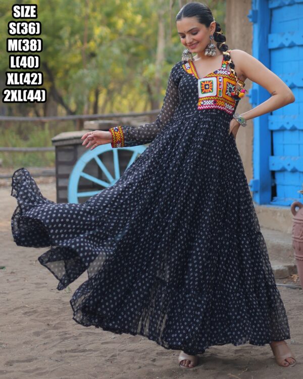 Bandhani Print Work With Kutchi Patchwork Faux Georgette Navratri Gown Collections 2024