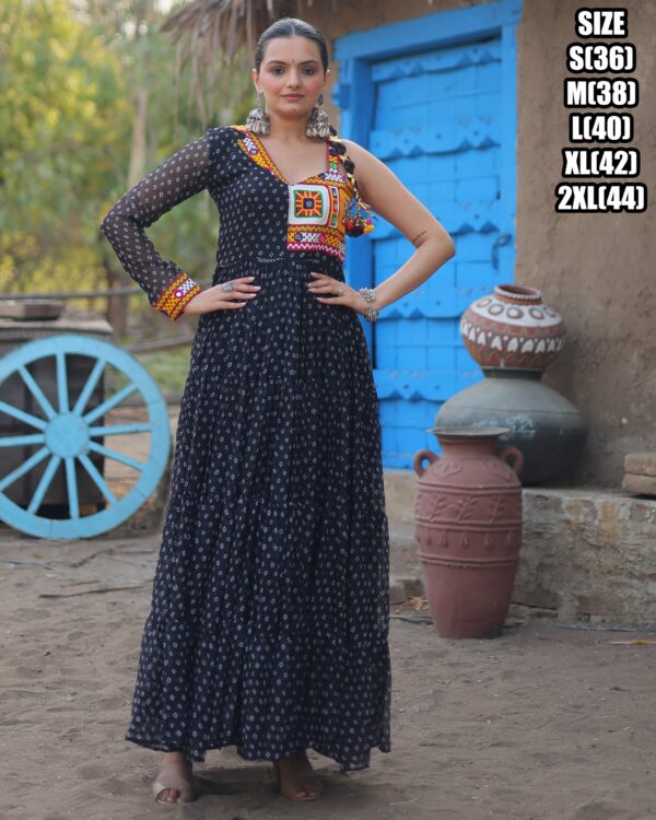 Bandhani Print Work With Kutchi Patchwork Faux Georgette Navratri Gown Collections 2024