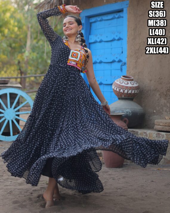 Bandhani Print Work With Kutchi Patchwork Faux Georgette Navratri Gown Collections 2024