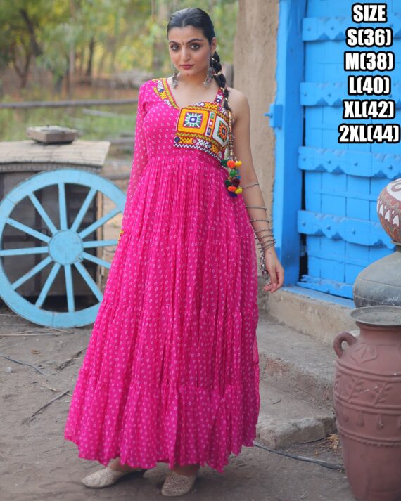 Bandhani Print Work With Kutchi Patchwork Faux Georgette Navratri Gown Collections 2024