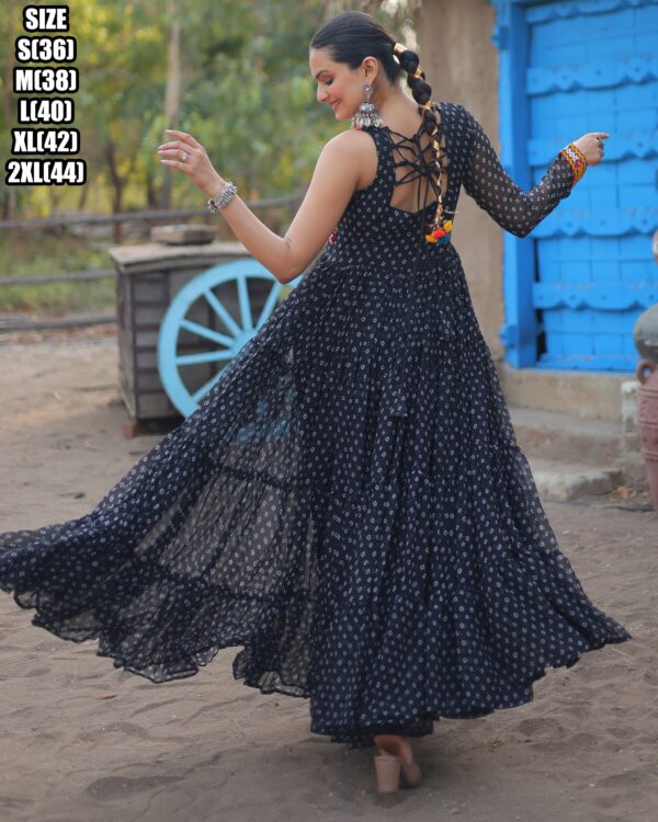 Bandhani Print Work With Kutchi Patchwork Faux Georgette Navratri Gown Collections 2024