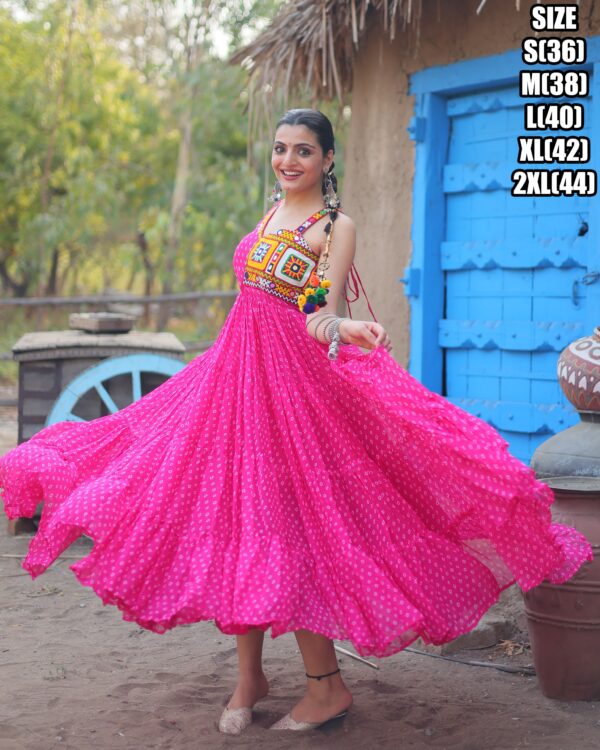 Bandhani Print Work With Kutchi Patchwork Faux Georgette Navratri Gown Collections 2024