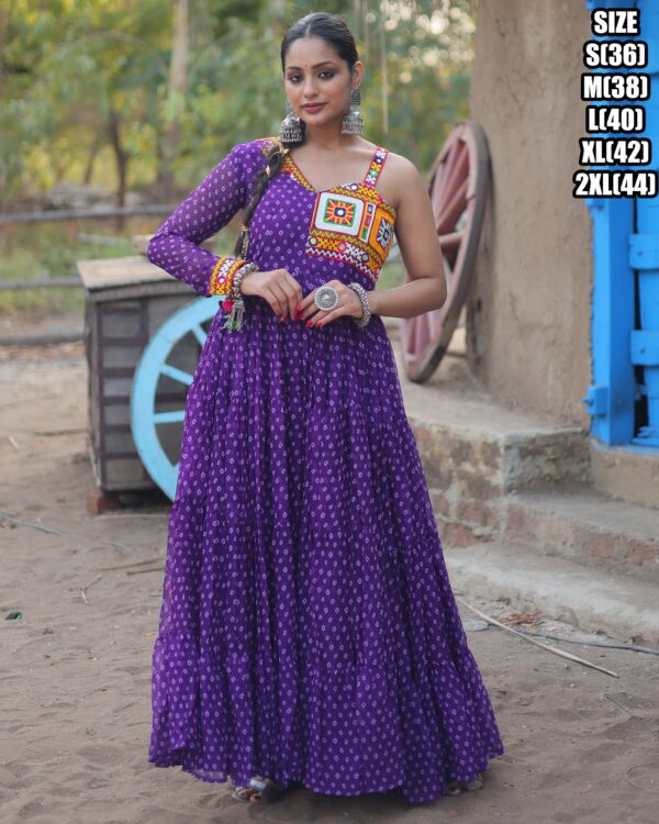 Bandhani Print Work With Kutchi Patchwork Faux Georgette Navratri Gown Collections 2024