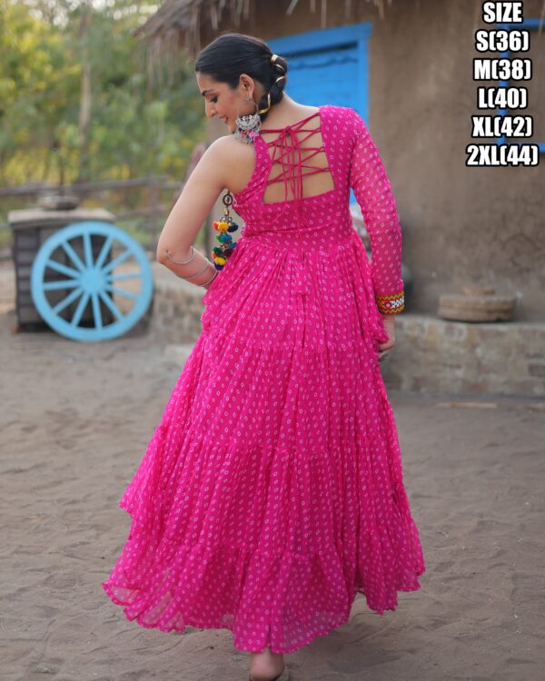 Bandhani Print Work With Kutchi Patchwork Faux Georgette Navratri Gown Collections 2024