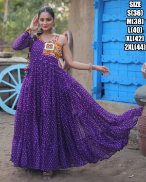 Bandhani Print Work With Kutchi Patchwork Faux Georgette Navratri Gown Collections 2024