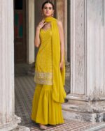 Faux Georgette Un Stitched Top And Heavy Flared Sharara Set For Wedding And Festival Occasions