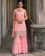 Faux Georgette Un Stitched Top And Heavy Flared Sharara Set For Wedding And Festival Occasions
