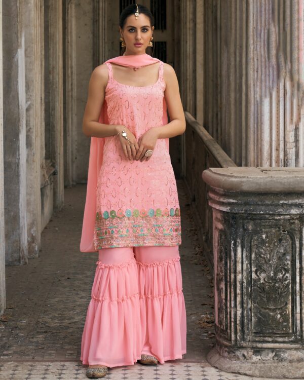 Faux Georgette Un Stitched Top And Heavy Flared Sharara Set For Wedding And Festival Occasions