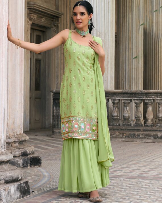 Faux Georgette Un Stitched Top And Heavy Flared Sharara Set For Wedding And Festival Occasions
