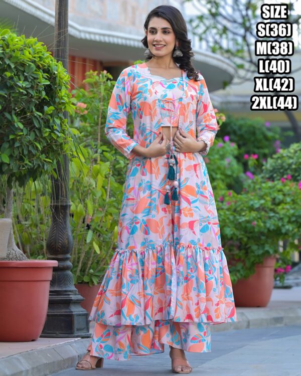 Women's Clothing Top With Bottom And Shrug / Dupatta Set, Trendy Stylish Three Piece Shrug Set