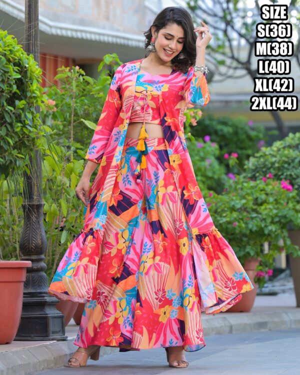 Women's Clothing Top With Bottom And Shrug / Dupatta Set, Trendy Stylish Three Piece Shrug Set