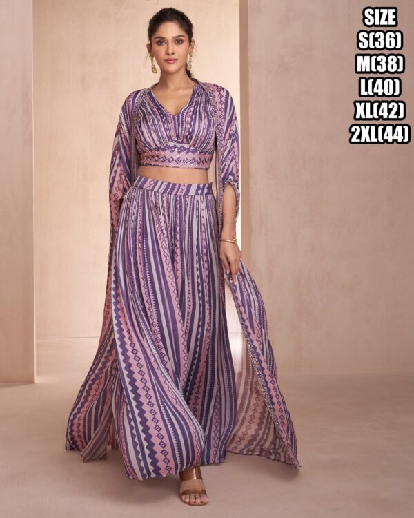 Real Chinon Silk / Real Georgette Readymade Embroidered Blouse, Plazzo And Shrug, Three Piece Collection