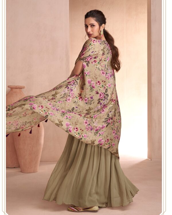 Real Chinon Silk / Real Georgette Readymade Embroidered Blouse, Plazzo And Shrug, Three Piece Collection