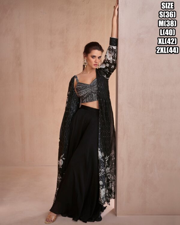 Real Chinon Silk / Real Georgette Readymade Embroidered Blouse, Plazzo And Shrug, Three Piece Collection