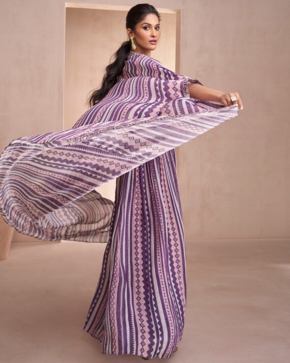 Real Chinon Silk / Real Georgette Readymade Embroidered Blouse, Plazzo And Shrug, Three Piece Collection