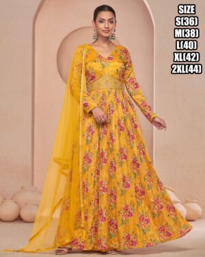 The Elegance Of Position Print Work With Beautiful Handwork Gown With Net Dupatta