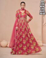 The Elegance Of Position Print Work With Beautiful Handwork Gown With Net Dupatta
