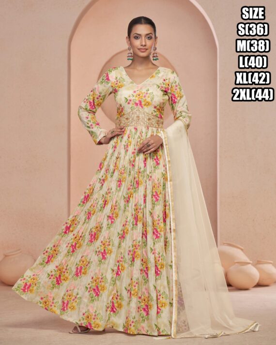 The Elegance Of Position Print Work With Beautiful Handwork Gown With Net Dupatta
