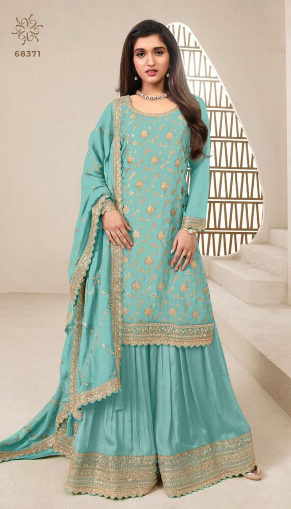 Gorgeous Embroidery Work Chinon Top And Plazo Set (Un-Stitched)