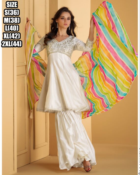 Make Perfect Your Style With Embellished Work Pure Silk Kurti, Sarara And Heavy Fabric Dupatta Stitched Set