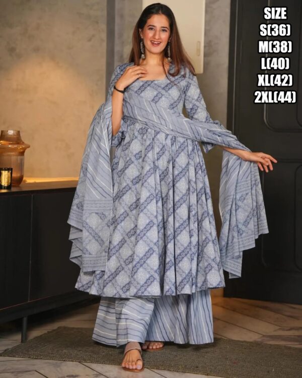 Exclusively Designed And Patterned Cotton Silk Long Anarkali Flaired Kurti Sarara And Dupatta For Festive & Weddings