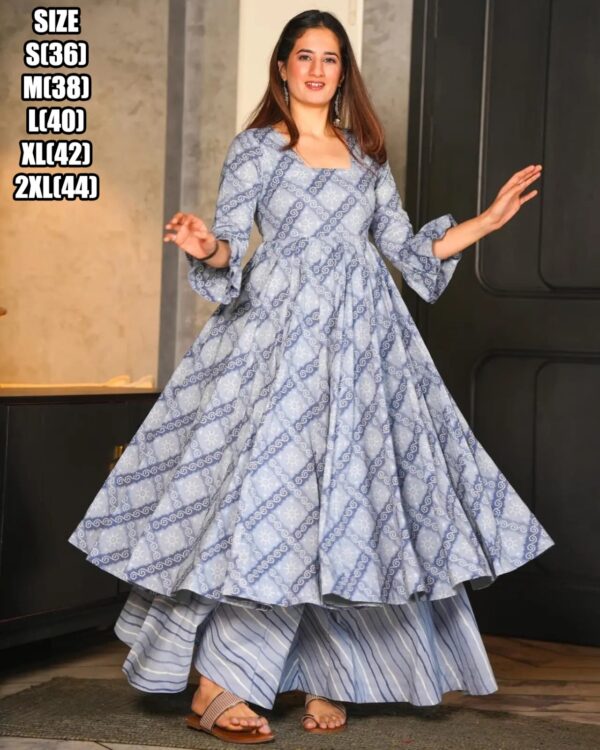 Exclusively Designed And Patterned Cotton Silk Long Anarkali Flaired Kurti Sarara And Dupatta For Festive & Weddings