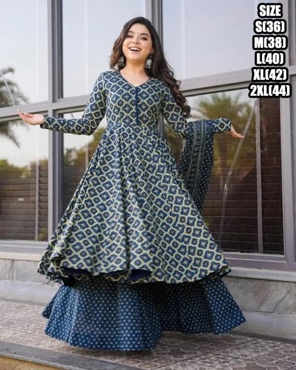Exclusively Designed And Patterned Cotton Silk Long Anarkali Flaired Kurti Sarara And Dupatta For Festive & Weddings