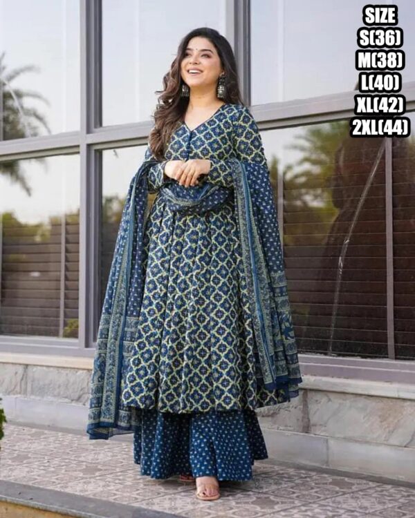Exclusively Designed And Patterned Cotton Silk Long Anarkali Flaired Kurti Sarara And Dupatta For Festive & Weddings
