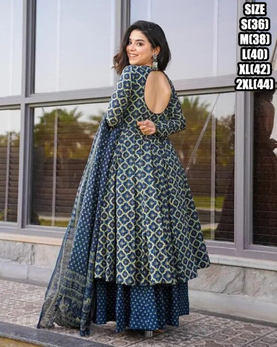 Exclusively Designed And Patterned Cotton Silk Long Anarkali Flaired Kurti Sarara And Dupatta For Festive & Weddings